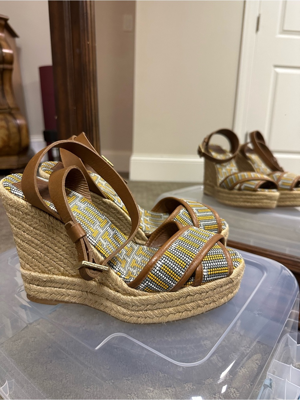 Tory Burch Brown Leather and Yellow Beaded Wedge Sandals